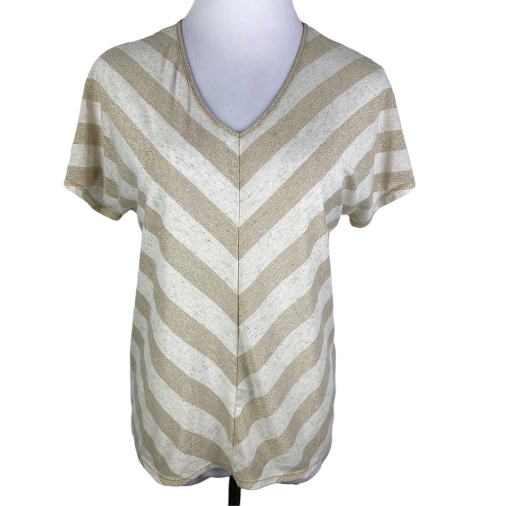 Chico's Tan Gold Metallic Chevron Striped V-Neck Blouse‎ Women's Medium